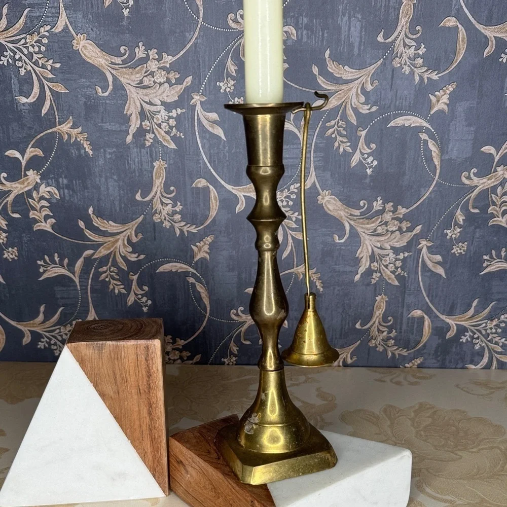 Vintage Brass Colonial Style Taper Candlestick with Attached Snuffer 8 2/3”